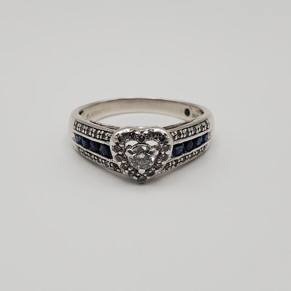 Platinum over Sterling Silver Diamond and Blue Sapphire Heart Ring Size 8 - Picture 2 of 11